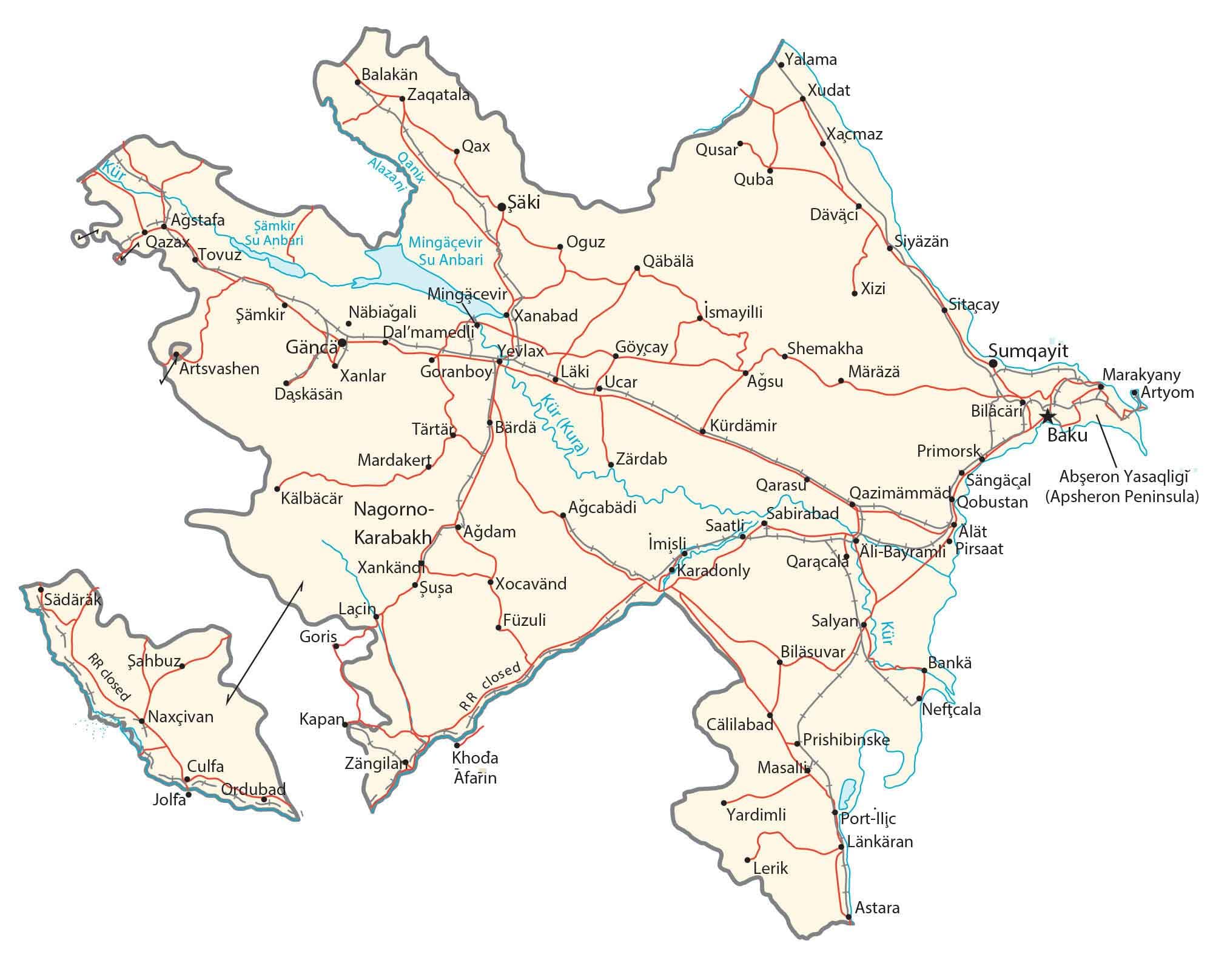 Map of the Azerbaijani cities served by OnBir Nömrə